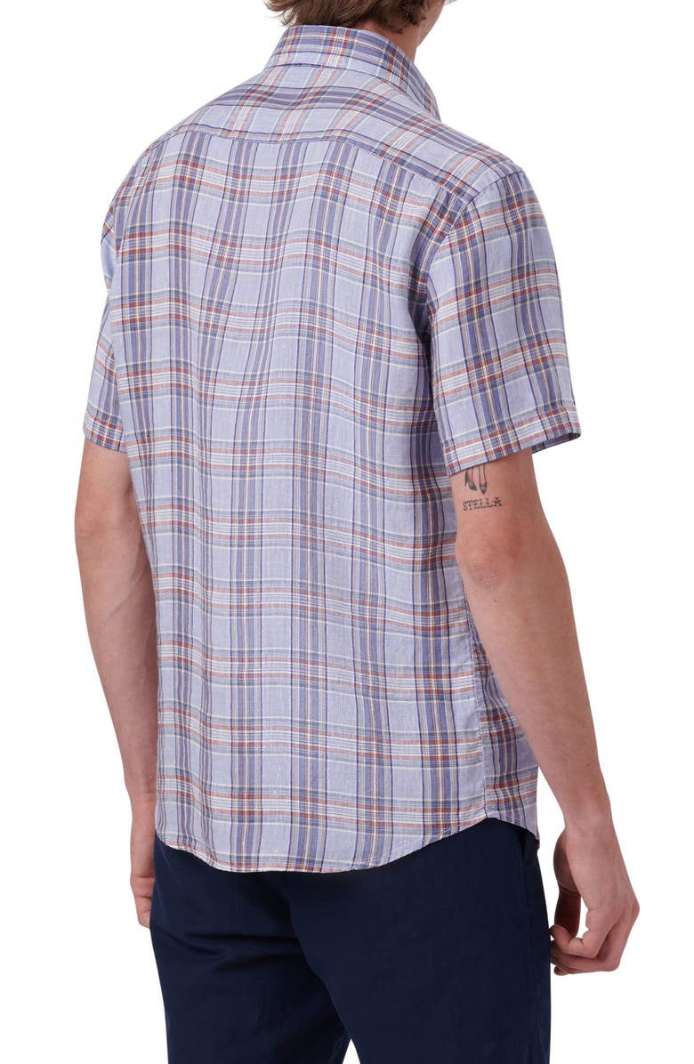 Bugatchi Plaid Short Sleeve Linen Button-Up Shirt, Alternate, color,