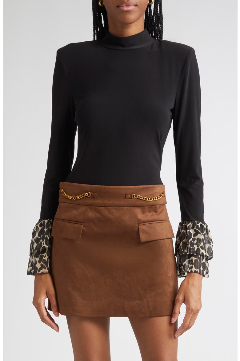 Vickiana Mock Neck Bell Sleeve Top, Main, color, BLACK / BONE FOLIAGE