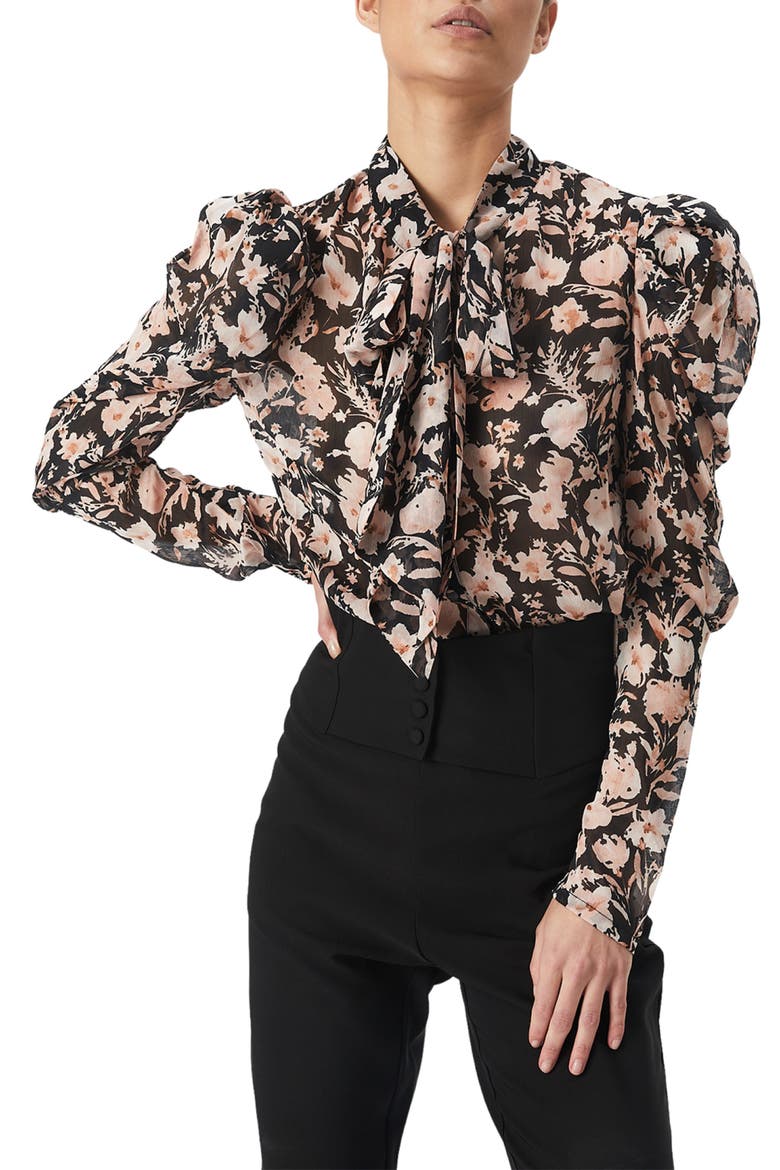 Amielie Floral Puff Sleeve Tie Neck Blouse, Main, color, APRICOT FLORAL