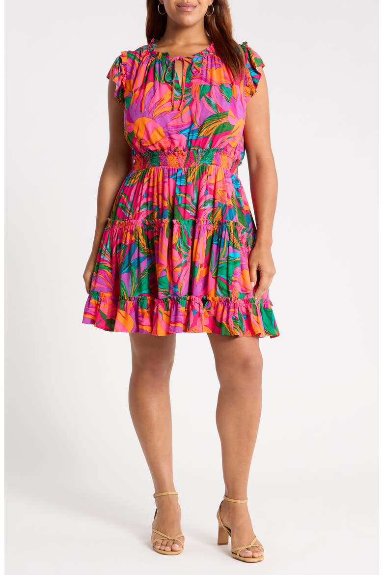 Beal Toledo Tropical Tiered Dress, Main, color, GREEN ORANGE MULTI