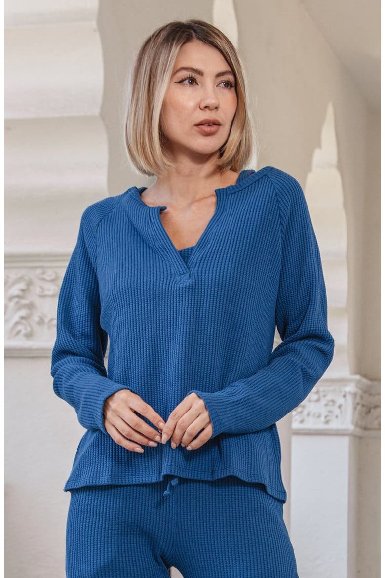 Jules Waffle Knit Organic Cotton V-Neck Pullover, Alternate, color, Marine