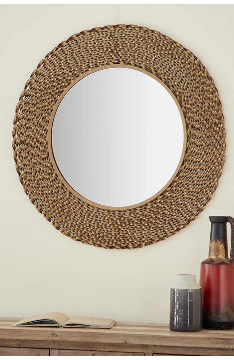 VIVIAN LUNE HOME Modern Style Large Round Twisted Gold Metal Wall Mirror - 35" x 35", Alternate, color, 