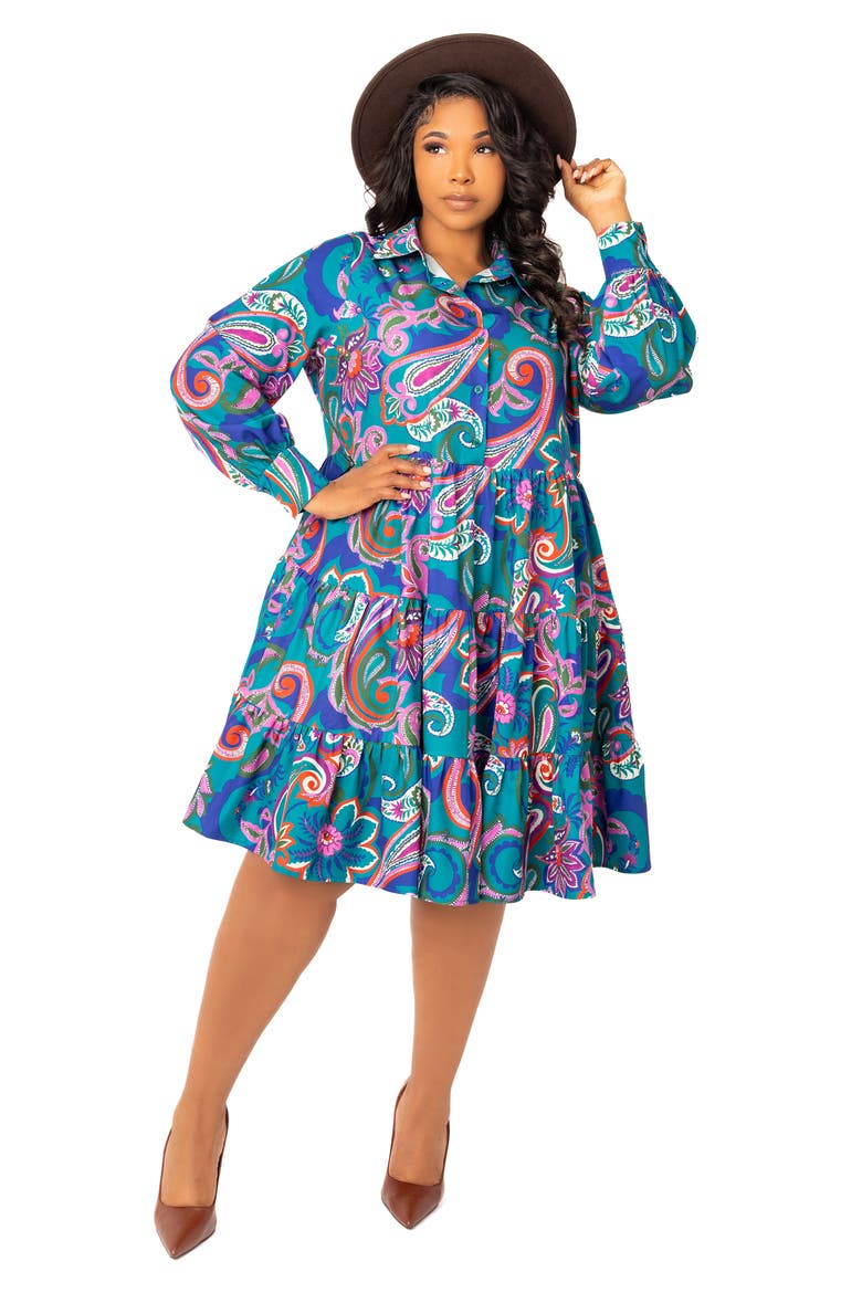 Floral Long Sleeve Shirtdress, Alternate, color, TEAL MULTI