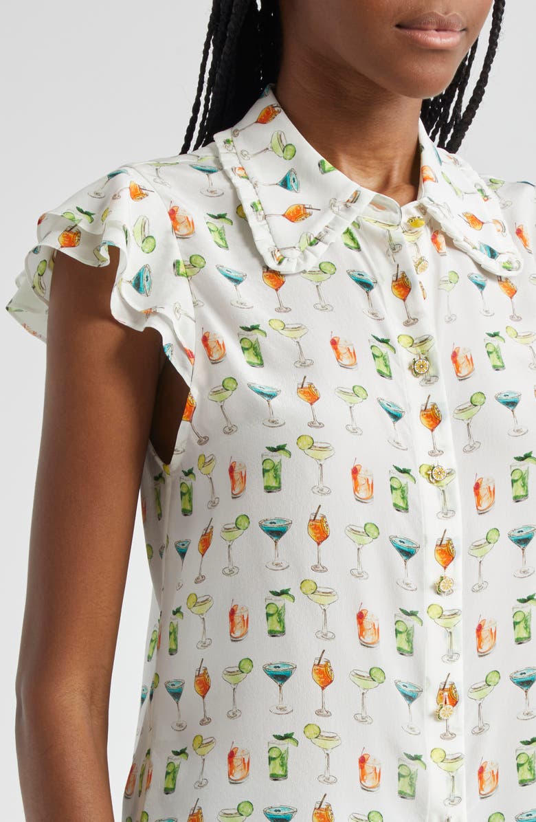 Alice + Olivia Martel Flutter Sleeve Silk Shirt, Alternate, color, Sweet On You Off White