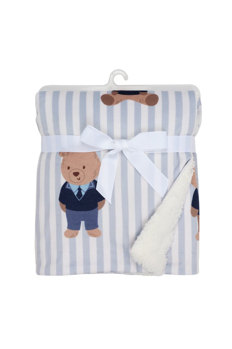 Blue Stripe Minky/Faux Shearling Sweater Bear Baby Blanket, Alternate, color, Blue