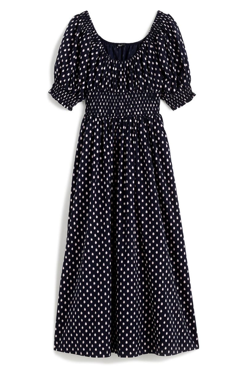 Madewell Shibori Dot Smocked Waist Midi Dress, Alternate, color, 