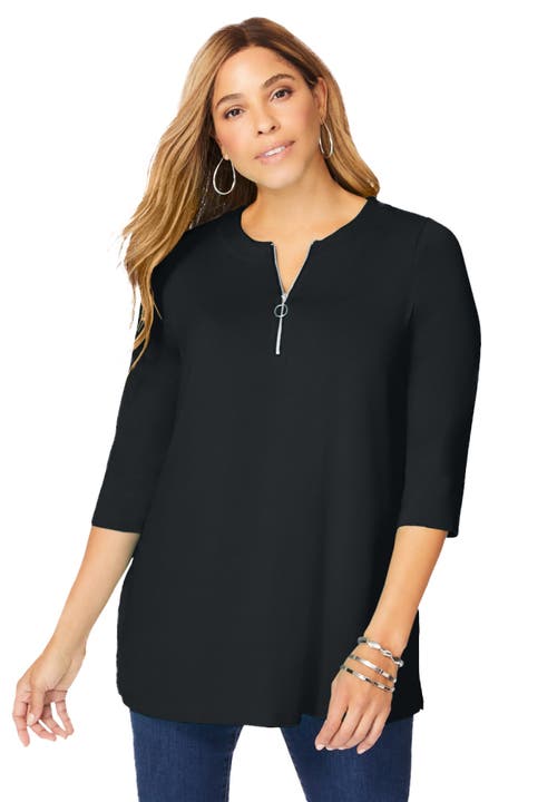 Jessica London Stretch Knit Zip Tunic In Black