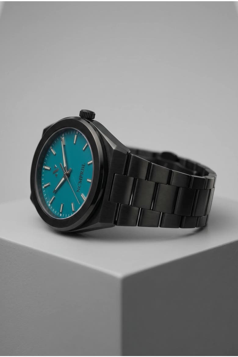 Elevate Link Maldives Swiss Bracelet Link Watch, 42MM, Alternate, color, Obsidian Black/Aqua