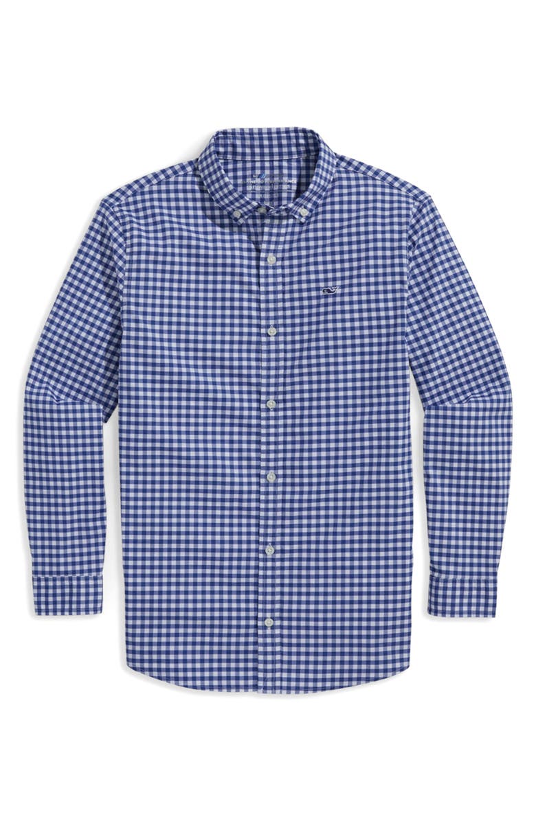 vineyard vines Kids' On-The-Go brrrº Gingham Button-Down Shirt, Main, color, Blue Bay