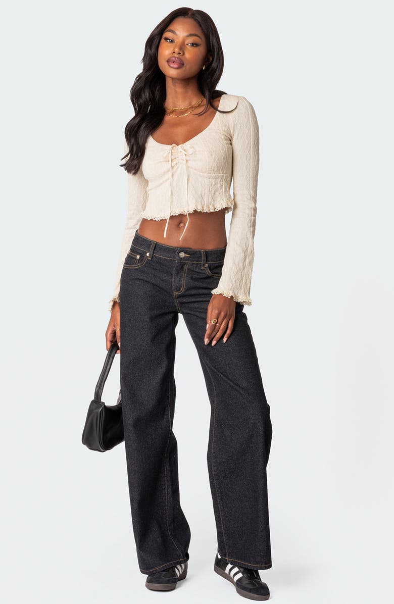 EDIKTED Lacey Long Sleeve Knit Crop Top, Alternate, color, Cream