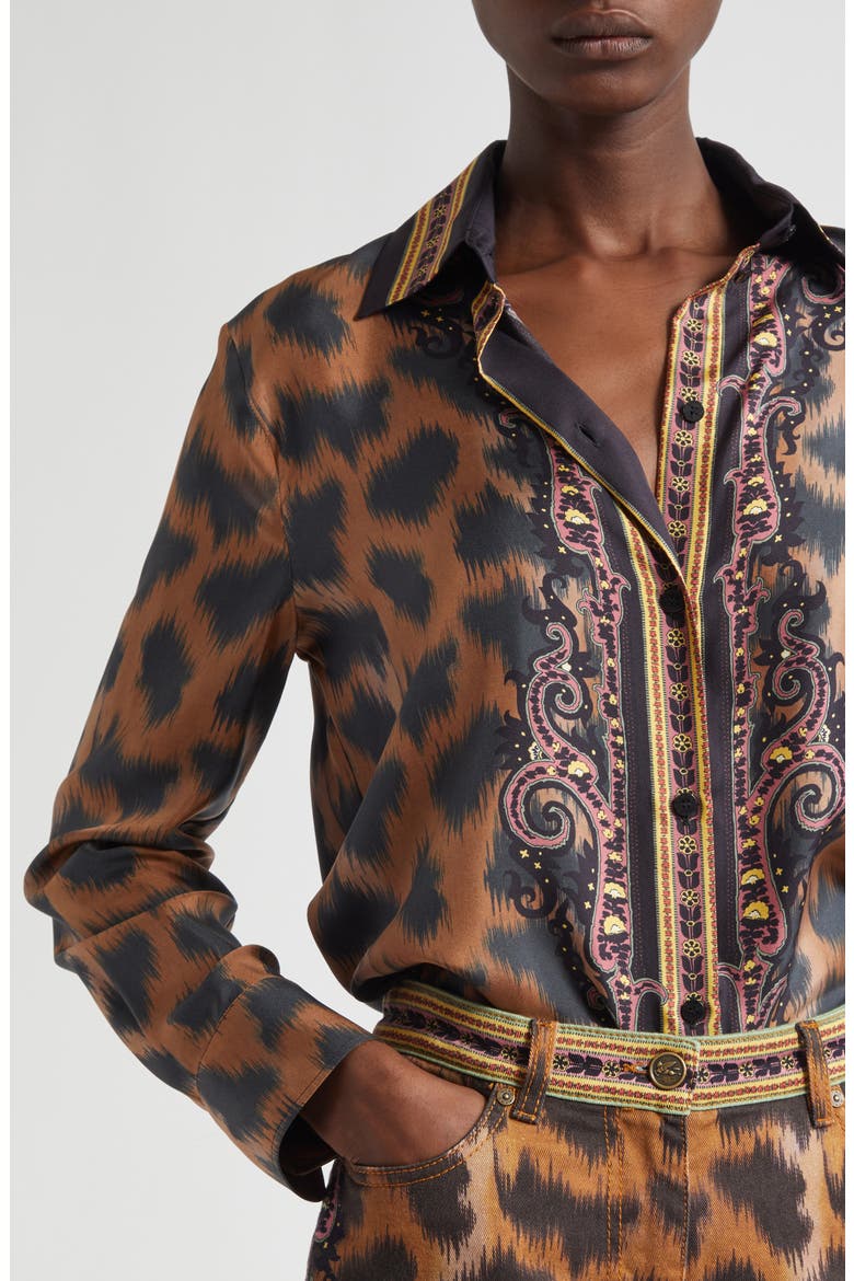 Leopard Silk Twill Button-Up Shirt, Alternate, color, DARK BROWN
