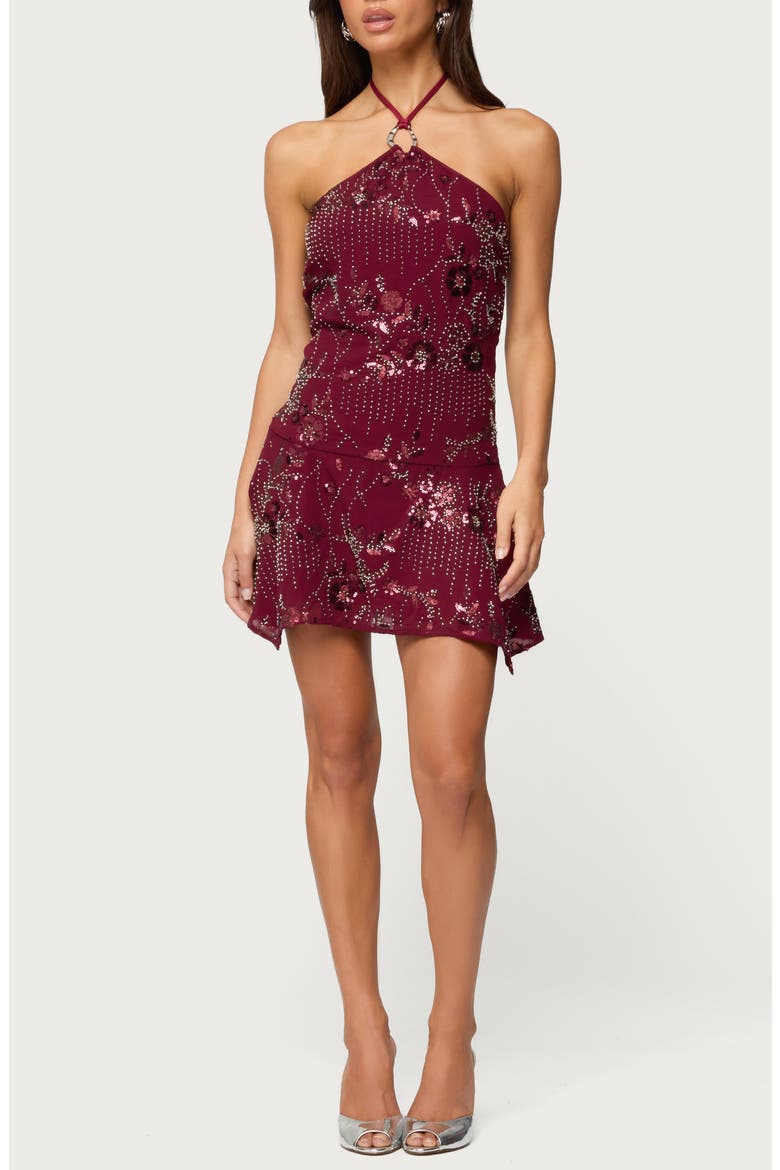 Adria Beaded Sequin Halter Minidress, Main, color, BURGUNDY