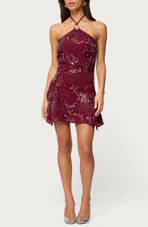 Adria Beaded Sequin Halter Minidress