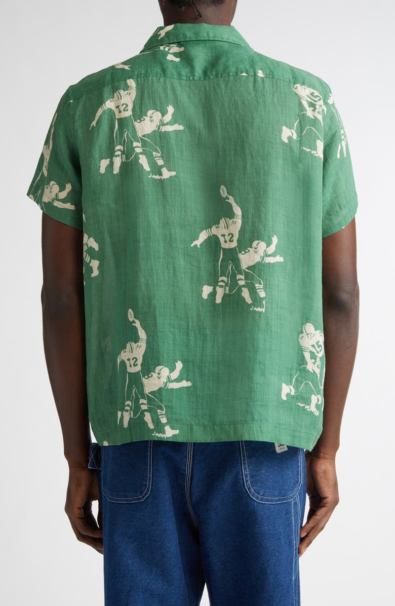 Bode Football Jacquard Linen Button-Up Shirt, Alternate, color, Green Cream