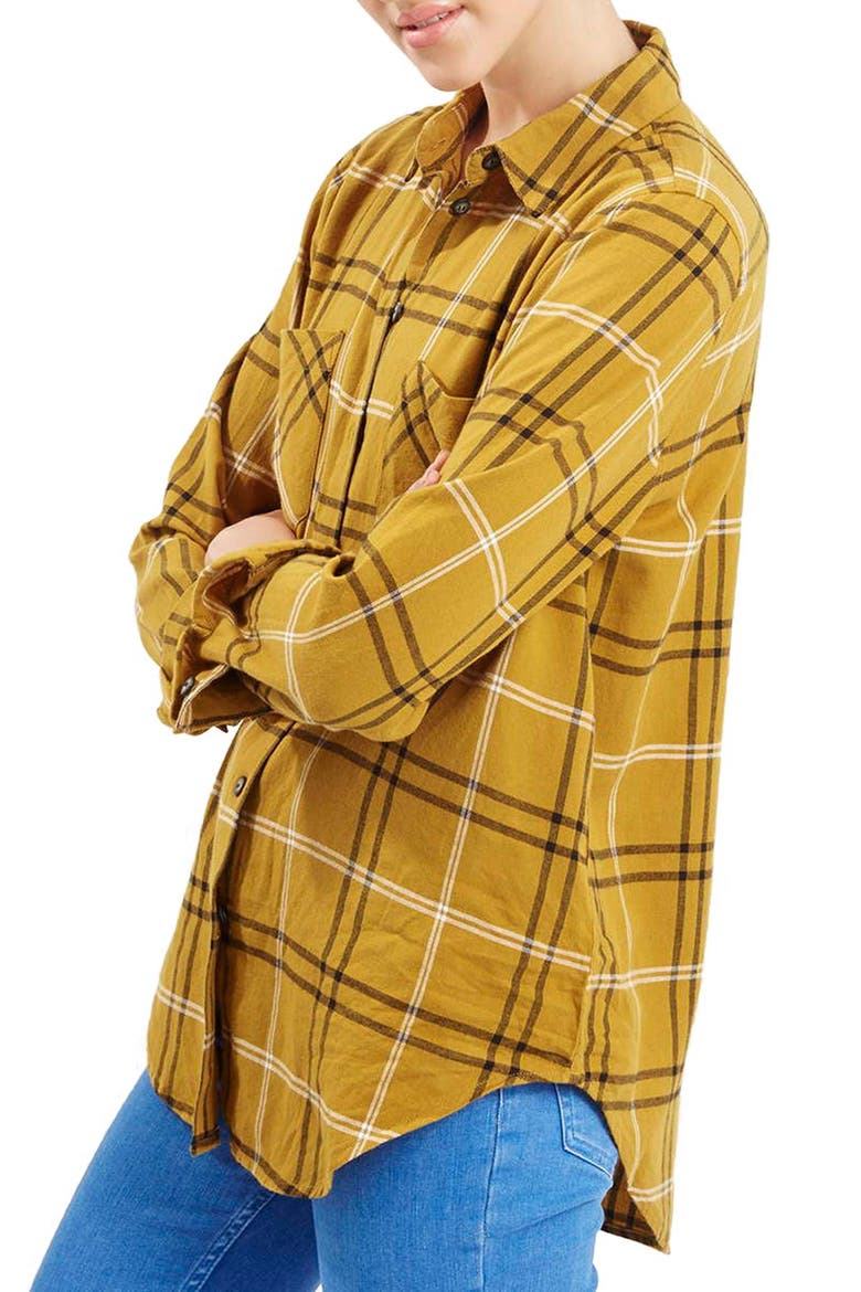 'Billie' Check Button Front Boyfriend Shirt, Main, color, MUSTARD