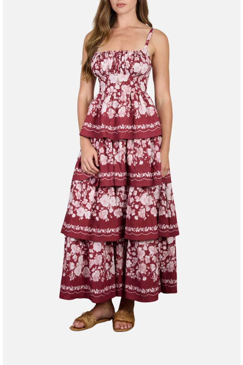 Floral Tiered Midi Dress, Main, color, BURGUNDY