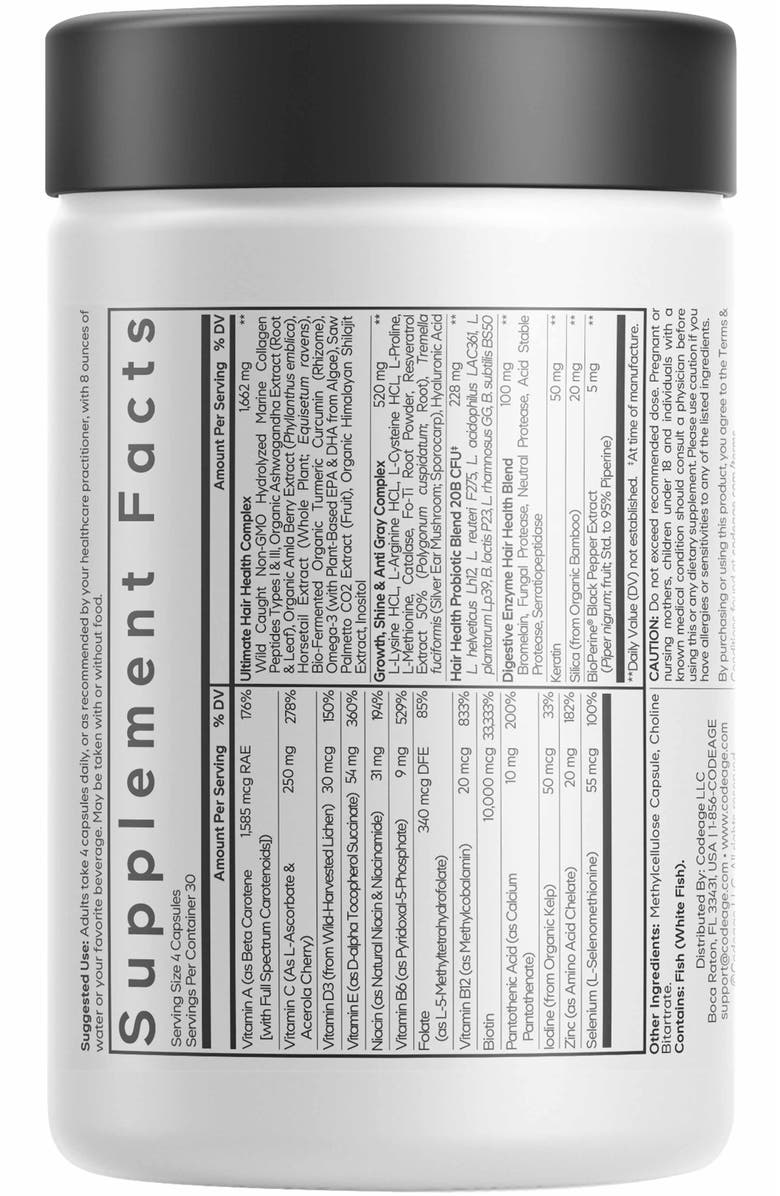 Codeage Hair Vitamins + Biotin Collagen Supplement, Alternate, color, White