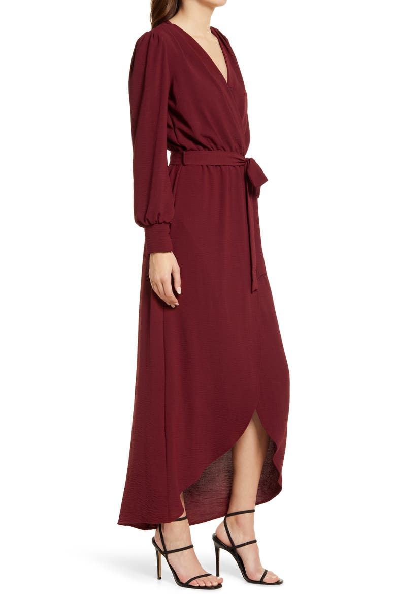 Wrap Front Long Sleeve Dress, Alternate, color, BURGUNDY