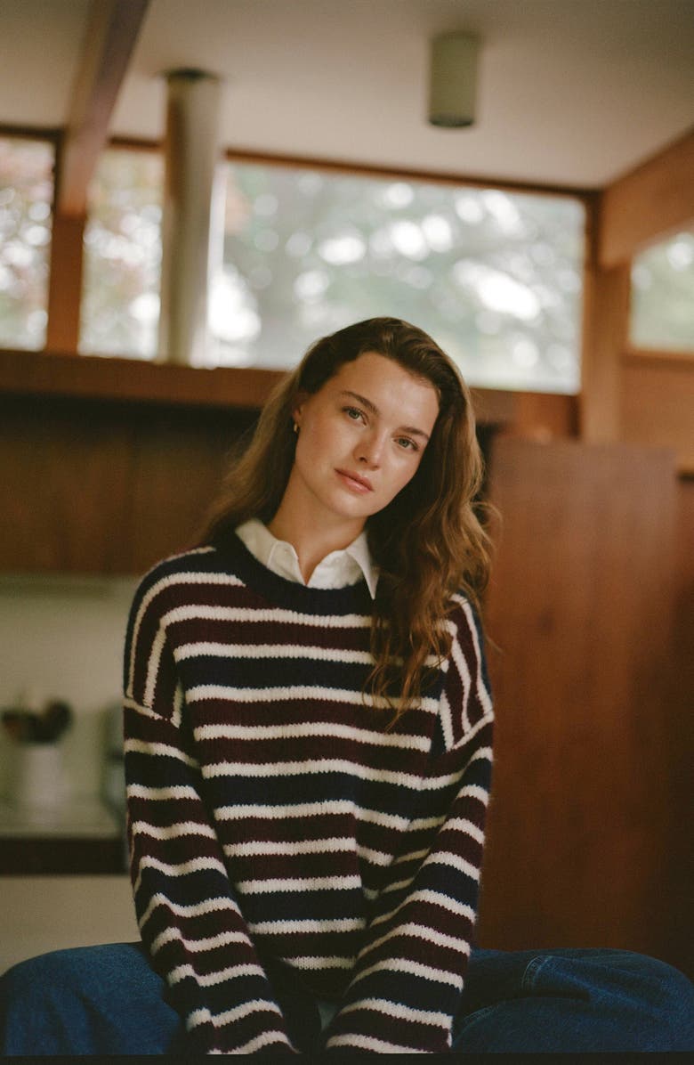 French Connection Stripe Crewneck Sweater, Alternate, color, Cabernet-Royal Blue