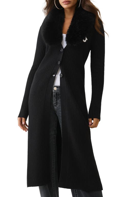 True Religion Embroidered Faux Fur Accent Rib Longline Cardigan In Black