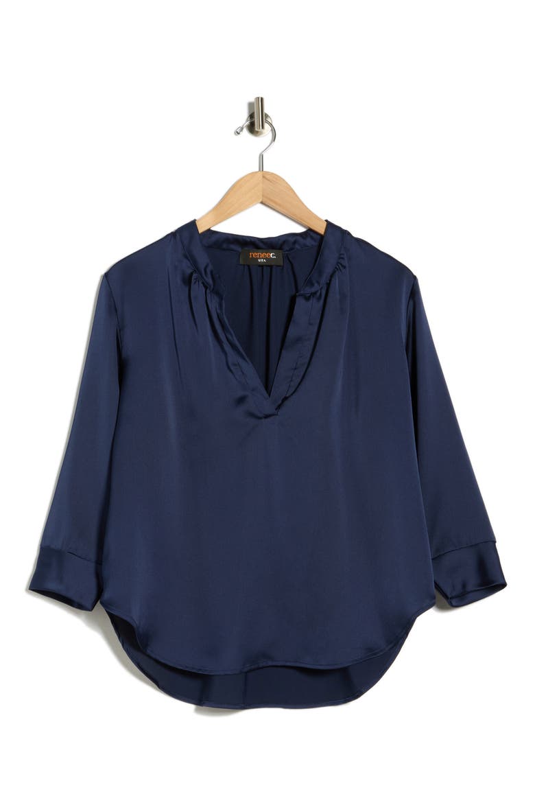 V-Neck Satin Top, Alternate, color, NAVY