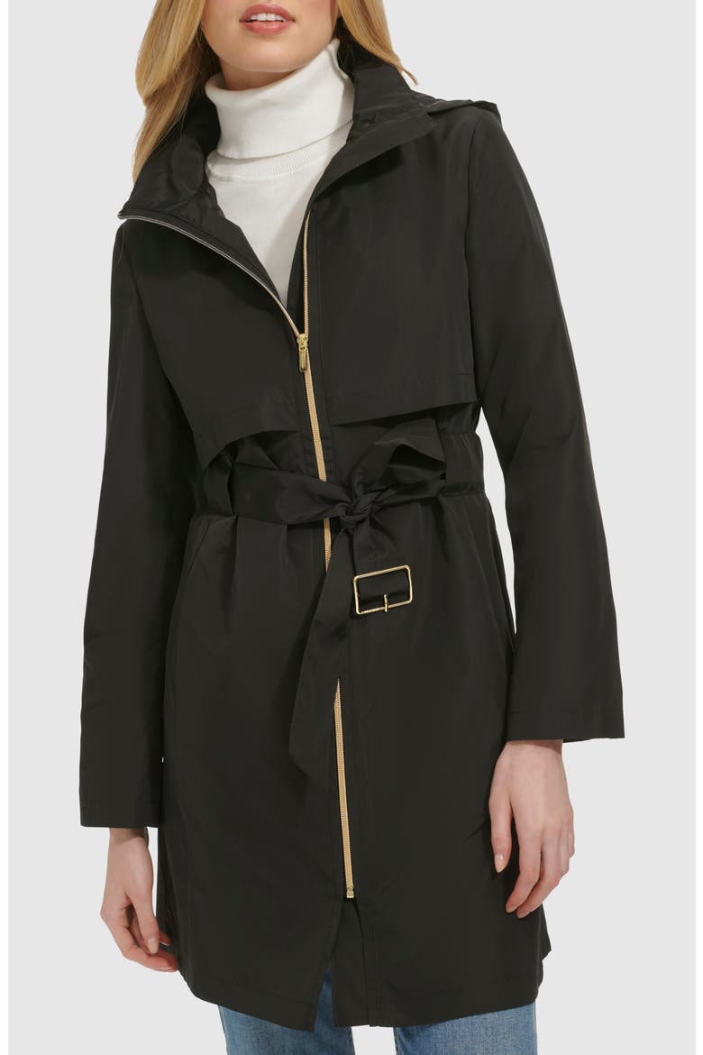 Belted Travel Packable Hooded Rain Jacket, Main, color, BLACK