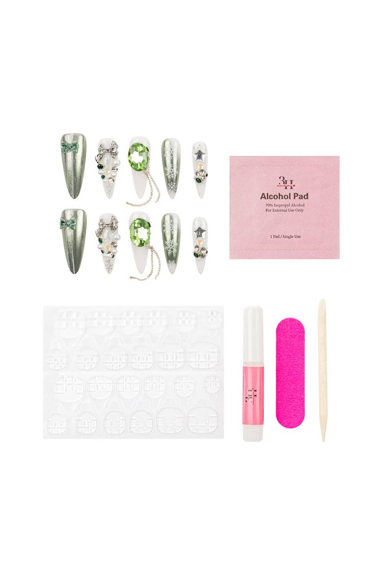 Snowflake Jewel - Long Stiletto Press-On Nails, Alternate, color, Green/White