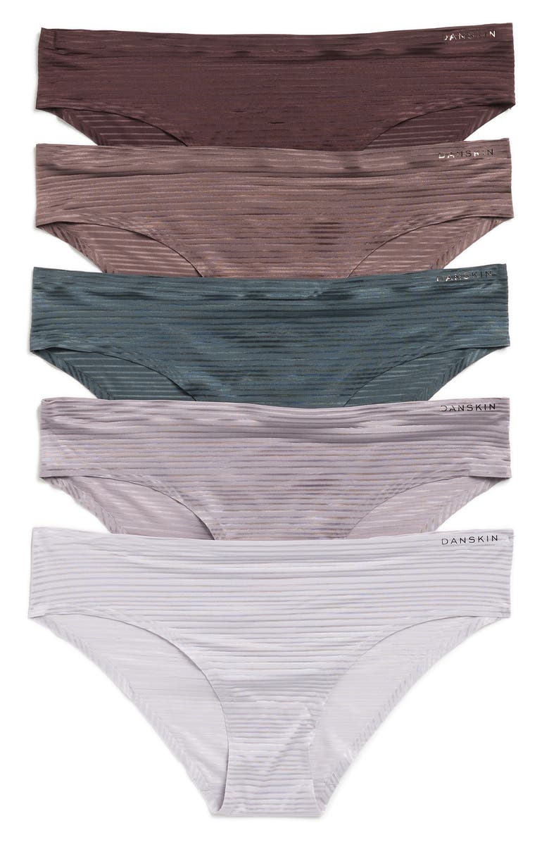 Danskin 5-Pack Bonded Shadow Stripe Bikinis, Main, color, Ivy/ Wood/ Taupe/ Cosmos/ Haze