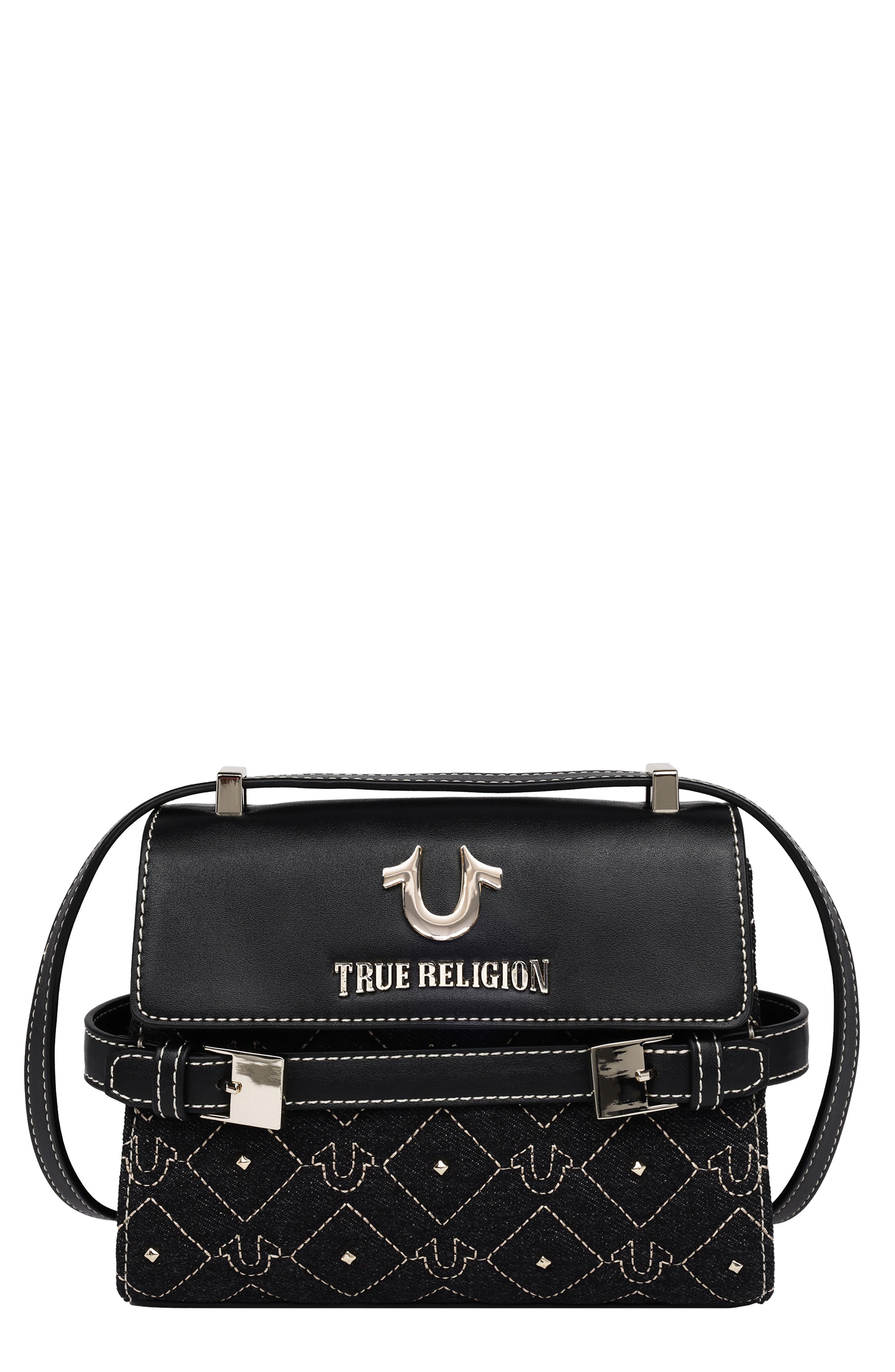True Religion Studded Denim & Faux Leather Tote Bag