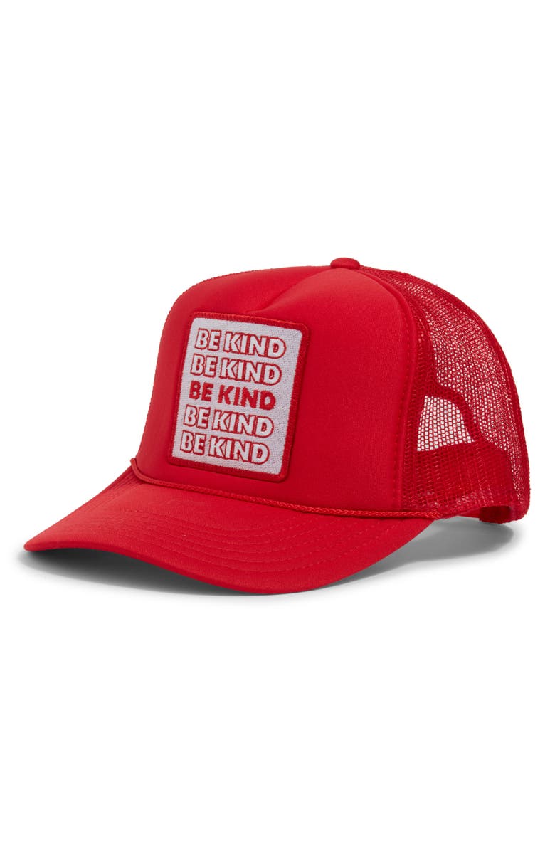 Friday Feelin’ Be Kind Patch Trucker Hat, Main, color, Red