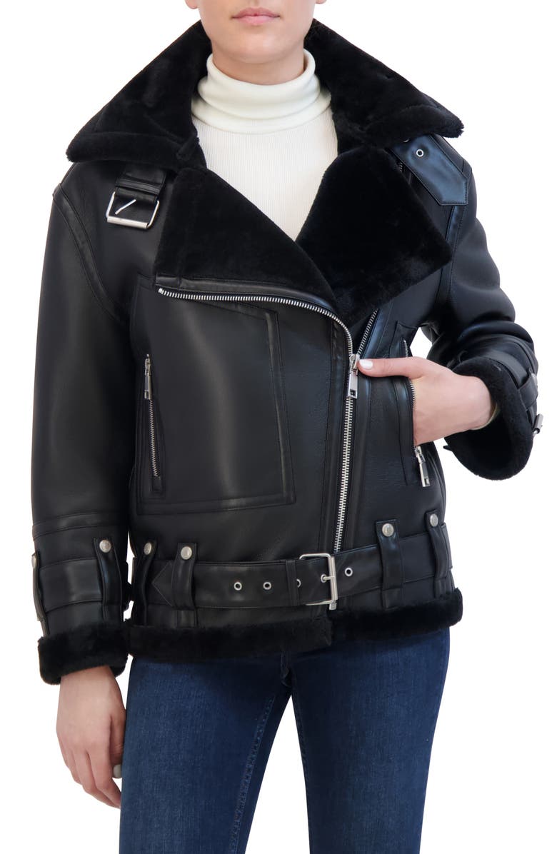 Rebecca Minkoff Faux Leather & Faux Shealing Moto Jacket, Main, color,