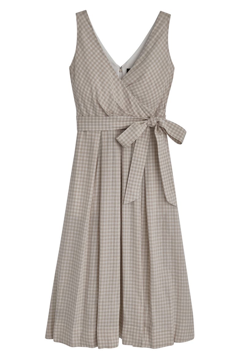 Gingham Linen Blend Faux-Wrap Midi Dress, Alternate, color, TUSCAN GREY