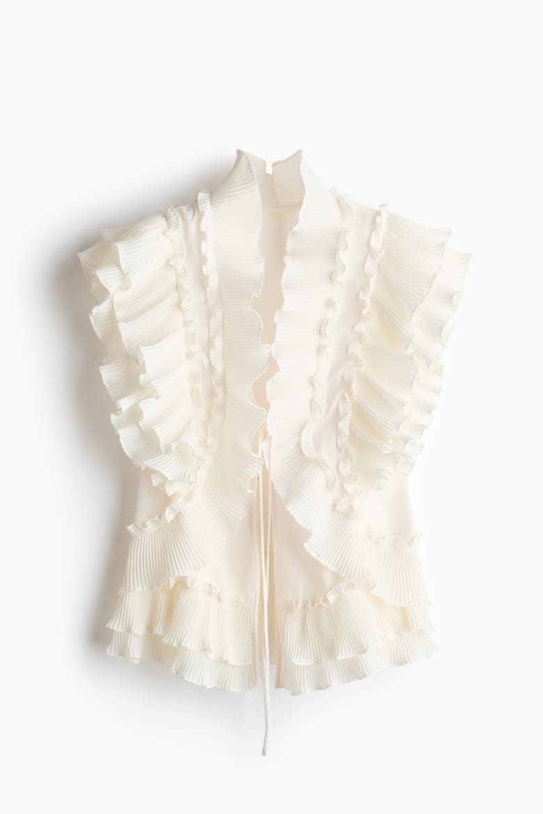 Flounce-Trimmed Tie-Front Blouse, Alternate, color, Cream