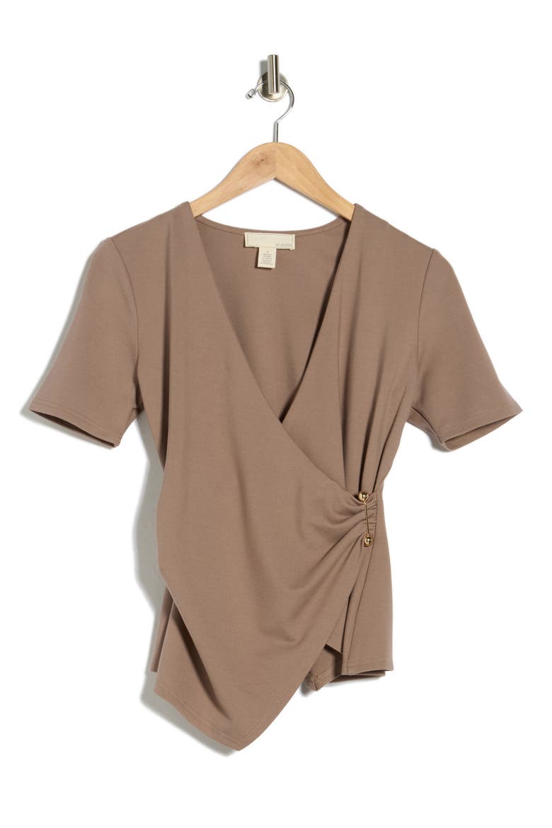 Cappuccino Short Sleeve Faux Wrap Top, Alternate, color, CAPPUCCINO