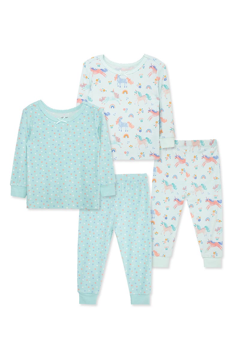 Little Me Unicorn 4-Piece Pajamas, Main, color, Aqua