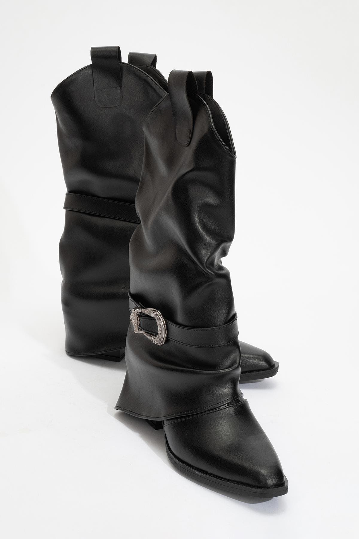 Okus Buckle Block Heel Boot, Main, color, Black Faux Leather