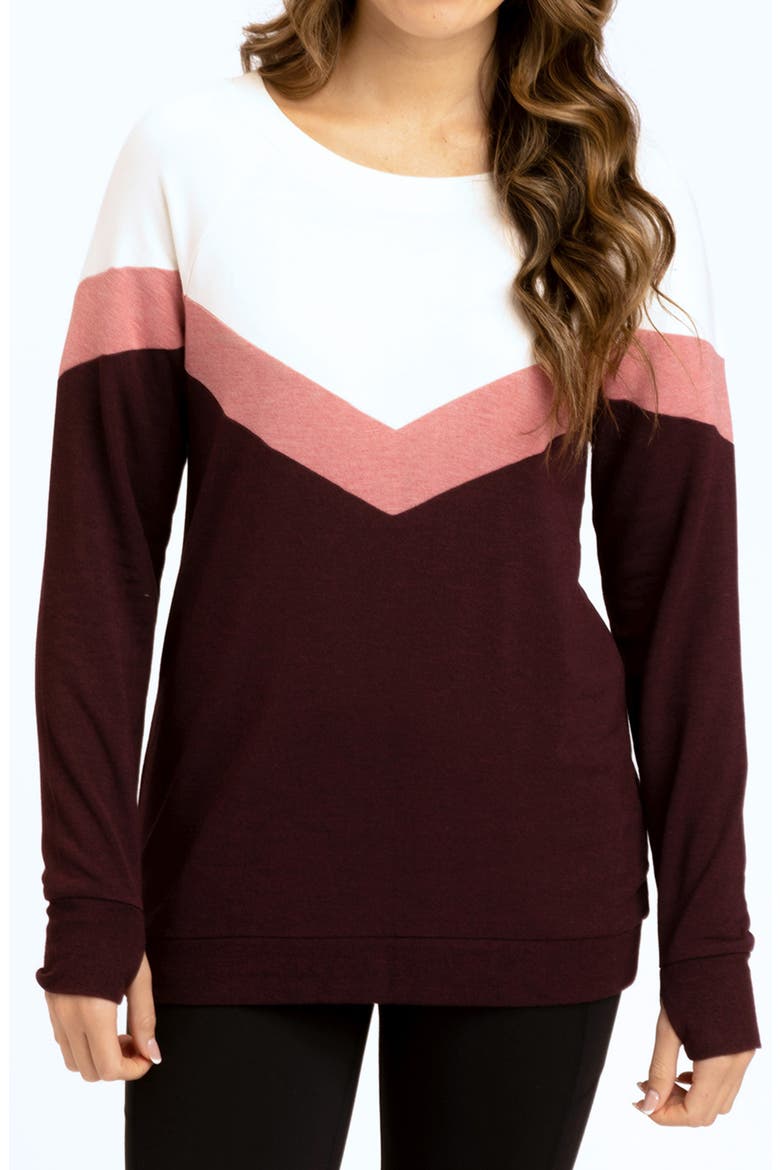 Chevron Stripe Feather Fleece Sweatshirt, Main, color, ECRU/ HEATHER ROYAL BURGUNDY