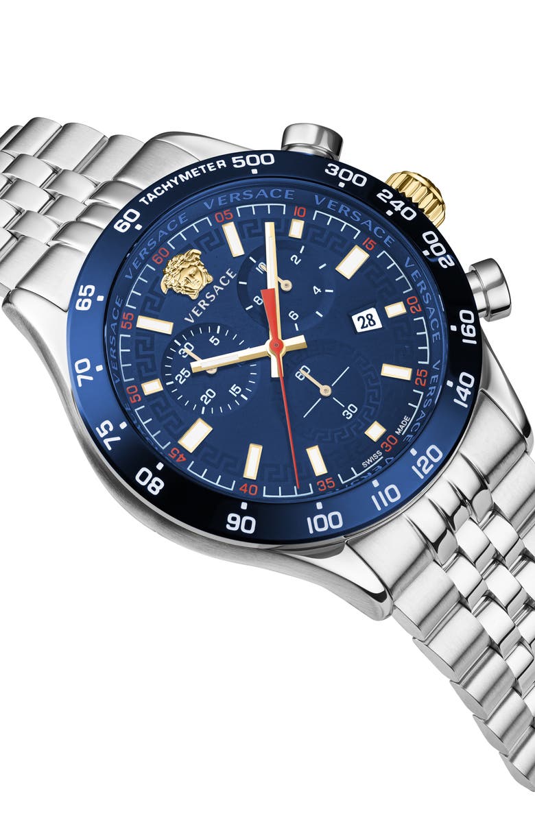 Versace Hellenyium Chronograph Bracelet Watch, 44mm, Alternate, color, Stainless Steel