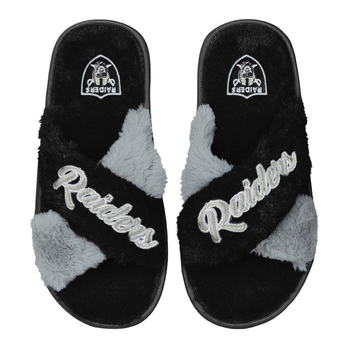 FOCO Women's FOCO Black Las Vegas Raiders Two-Tone Crossover Faux Fur Slide Slippers, Main, color, 