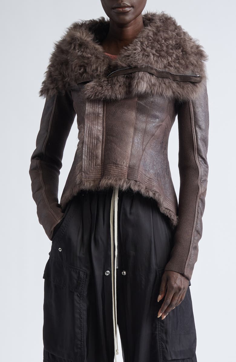 Rick Owens Sphinx Naska Genuine Shearling Moto Jacket, Main, color, Dark Dust