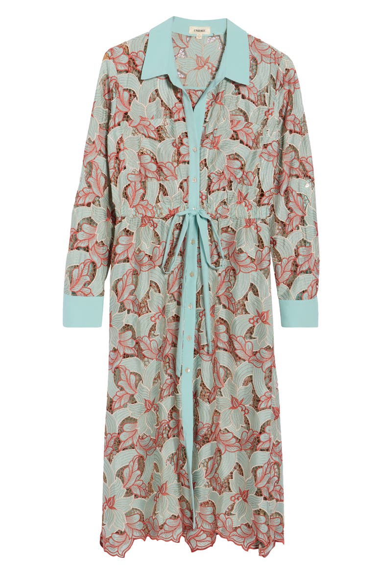 Emilio Floral Long Sleeve Midi Shirtdress, Alternate, color, AQUA/ RED EYELET