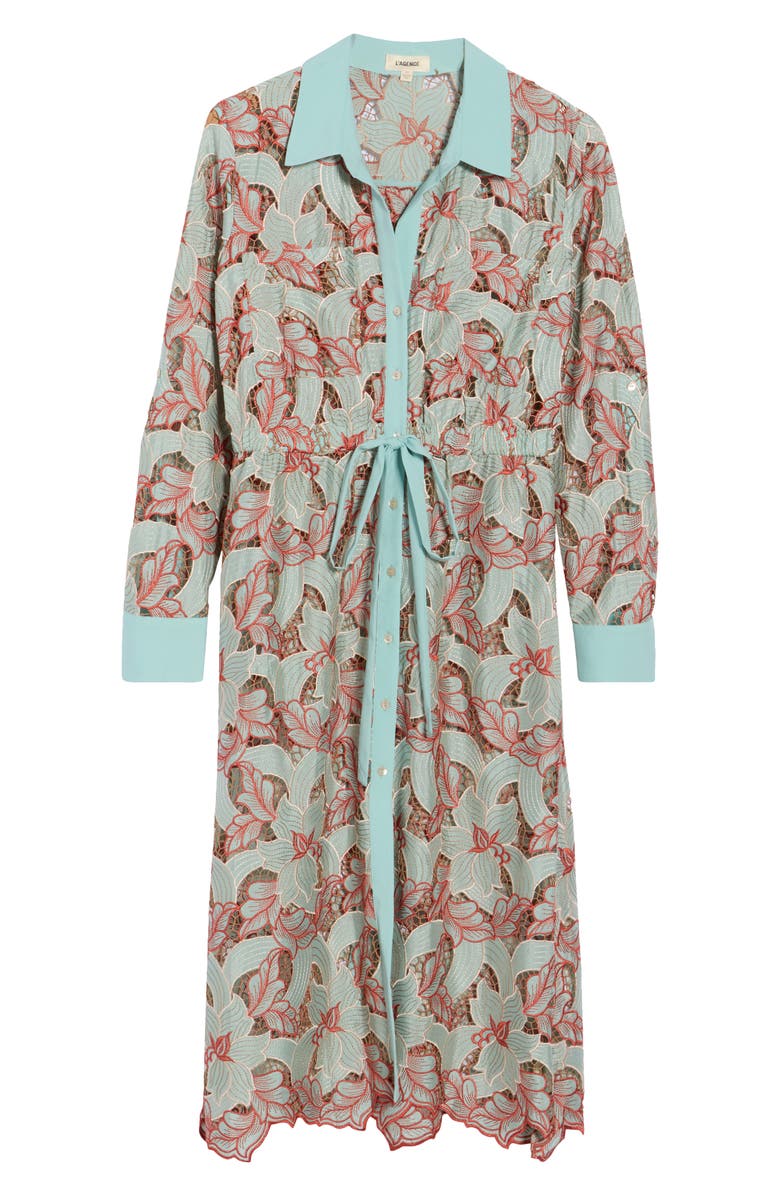 L'AGENCE Emilio Floral Long Sleeve Midi Shirtdress, Alternate, color, Aqua/ Red Eyelet