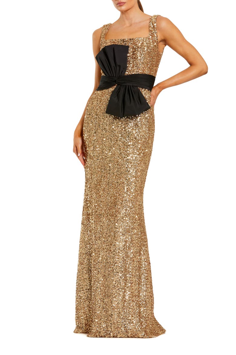 Sequin Scoop Neck Column Gown With Faille Bow, Main, color, Black Gold