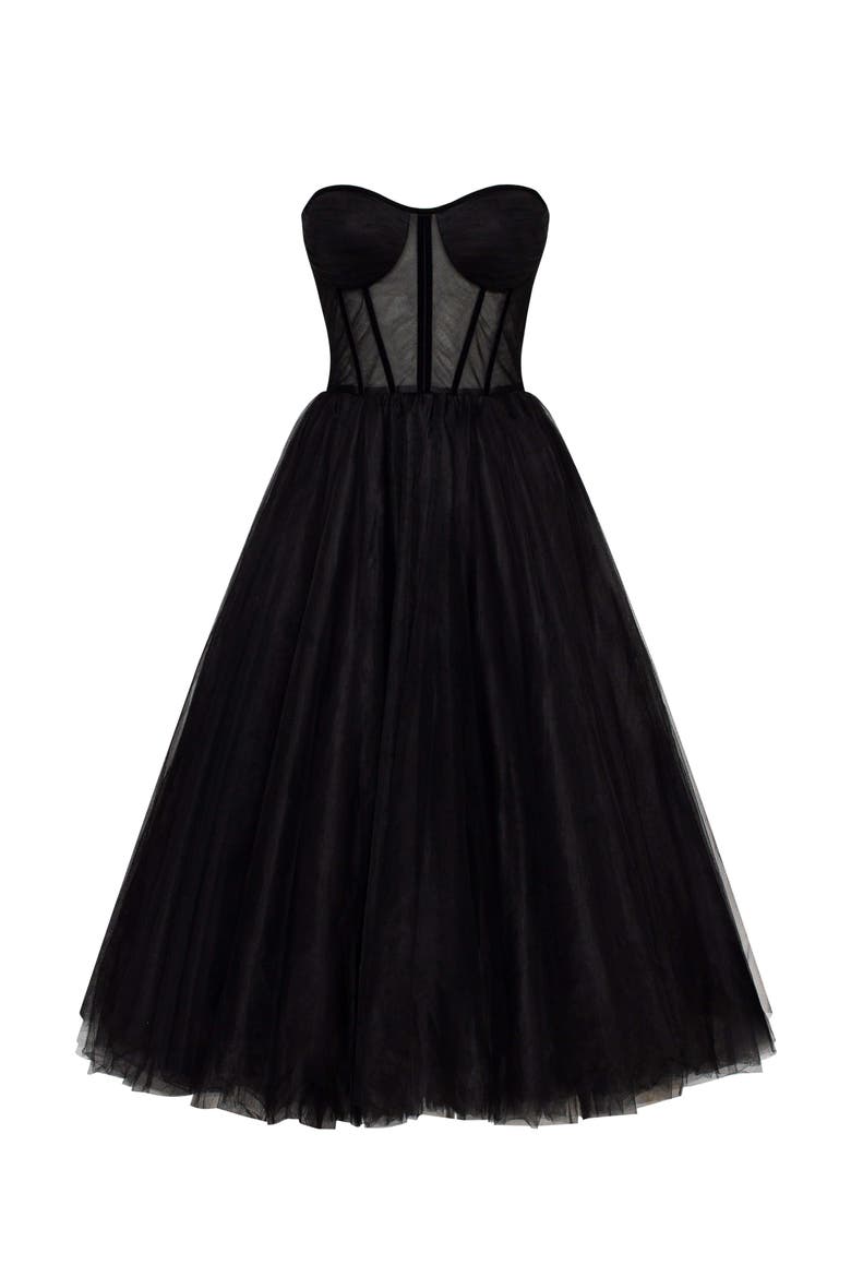 Strapless Puffy Tulle Midi Formal Occasion Dress in Black, Alternate, color, Black