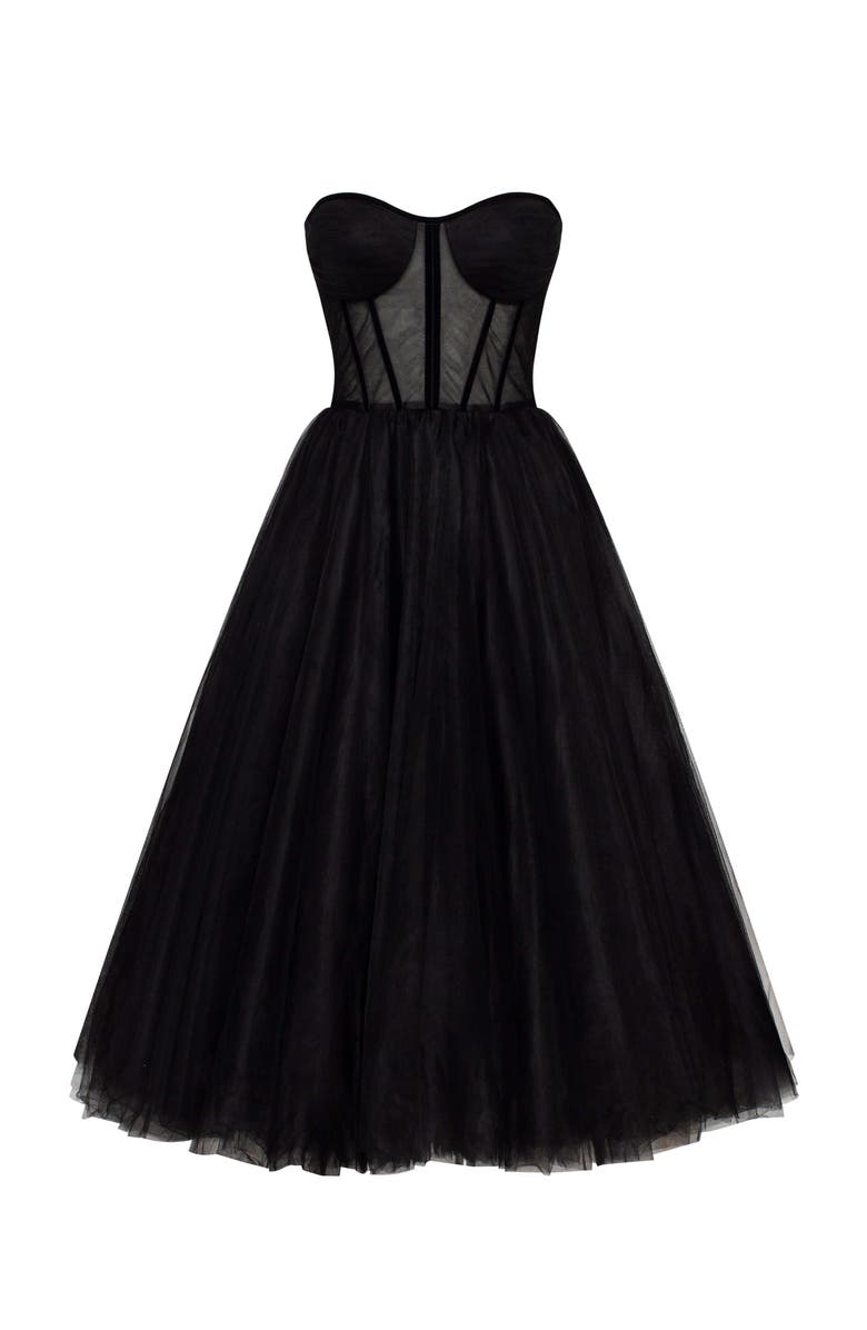 Milla Strapless Puffy Tulle Midi Formal Occasion Dress in Black, Alternate, color, Black