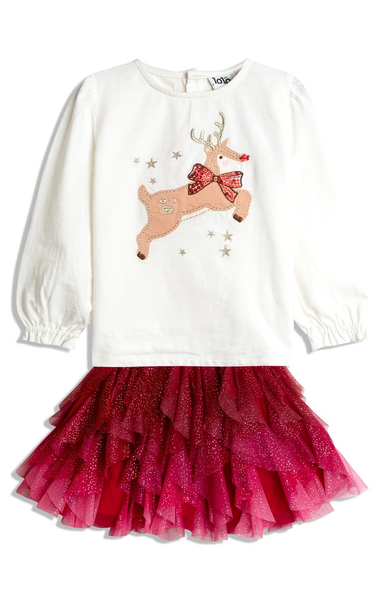 JOJO MAMAN BEBE Kids' Reindeer Graphic T-Shirt & Tulle Skirt, Main, color,