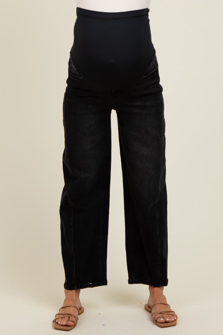 Lightly Distressed Panel Detail Maternity Barrel Jeans, Alternate, color, Black