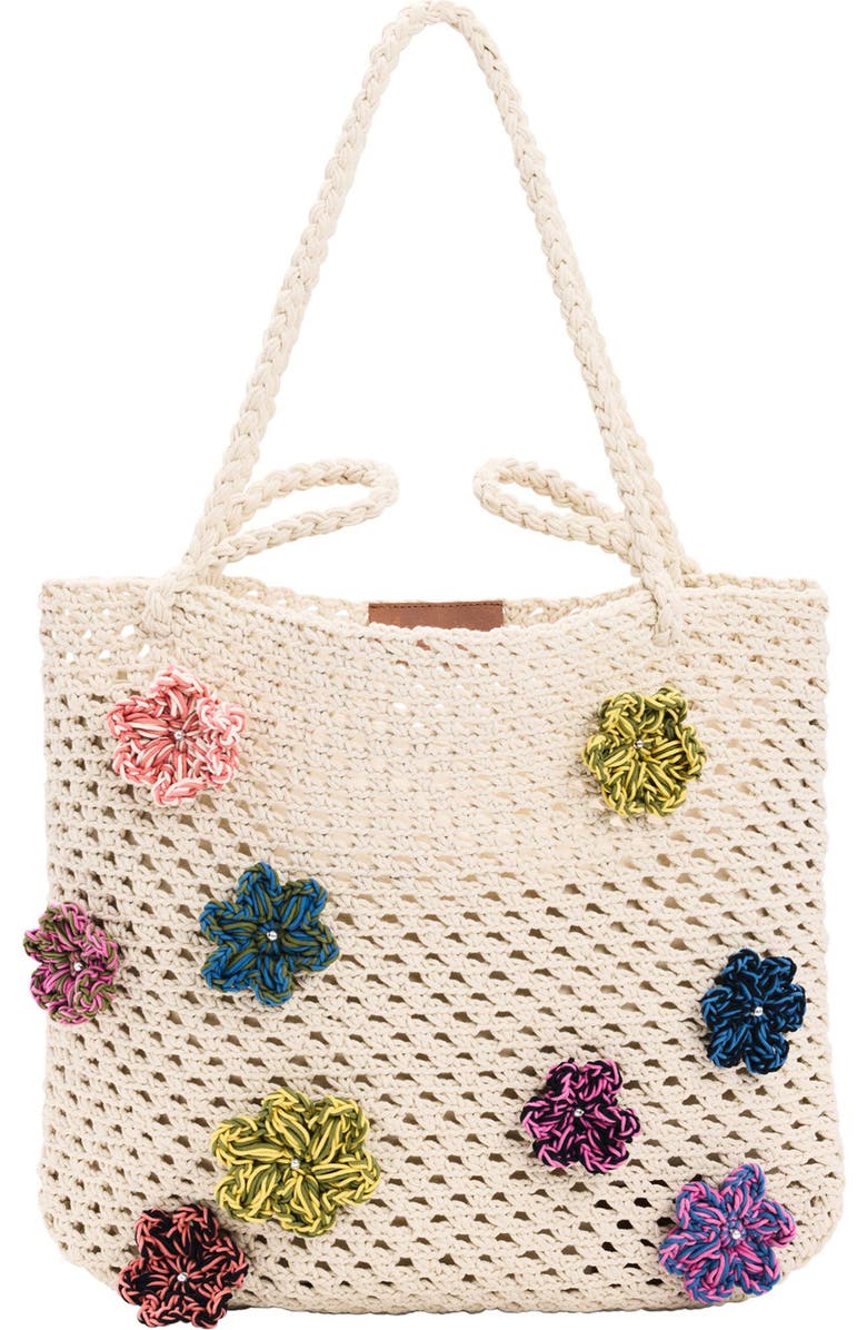 Desigual Floral Appliqué Open Knit Cotton Shoulder Bag, Main, color, Ivory Multi