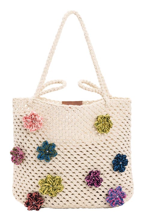 Floral Appliqué Open Knit Cotton Shoulder Bag