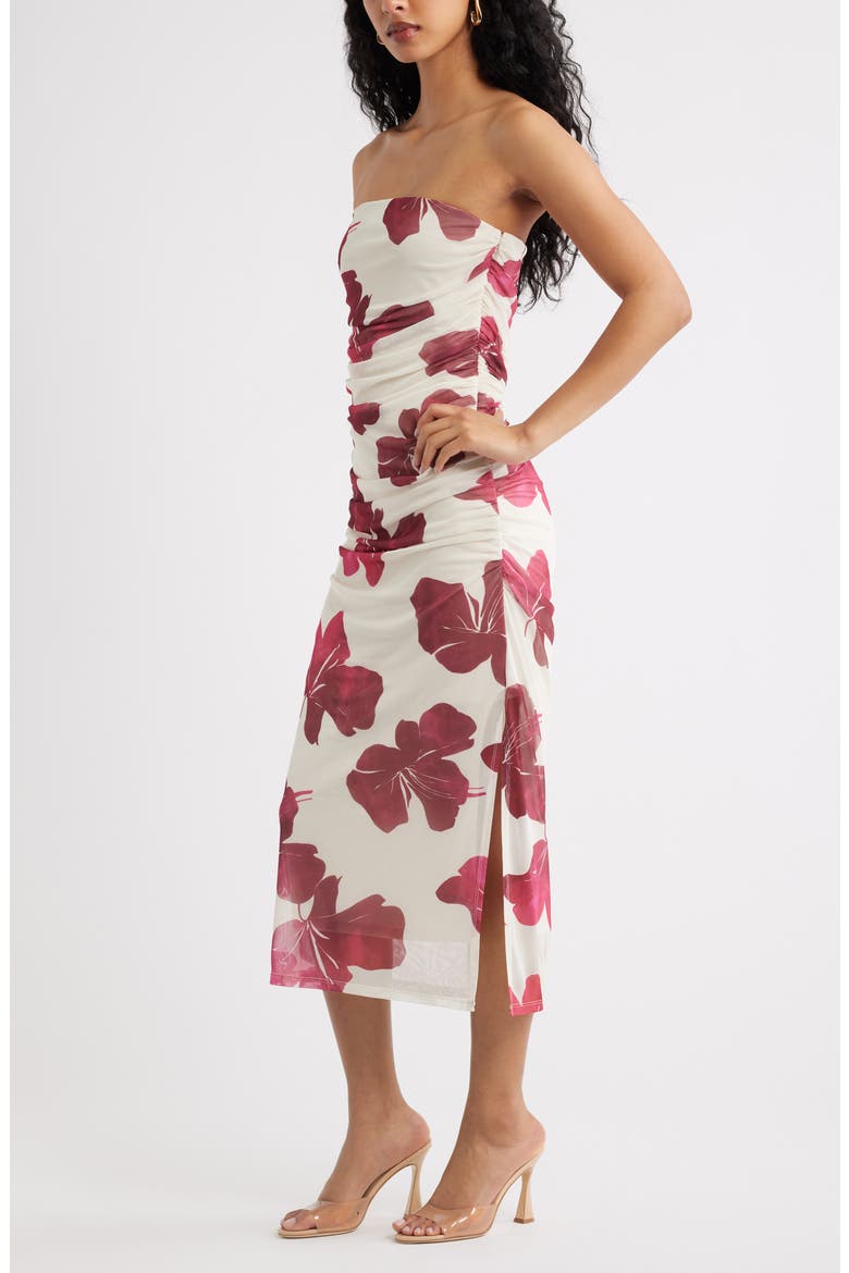 Ruched Strapless Mesh Dress, Alternate, color, IVORY- PINK WATERED HIBISCUS